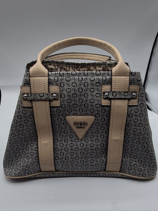 Guess Handbags - GUESS Beige and Gray Signature Satchel